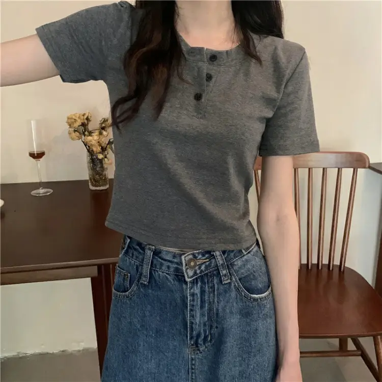 Women Button Short Sleeve Cotton T-Shirt Grey — feature 2