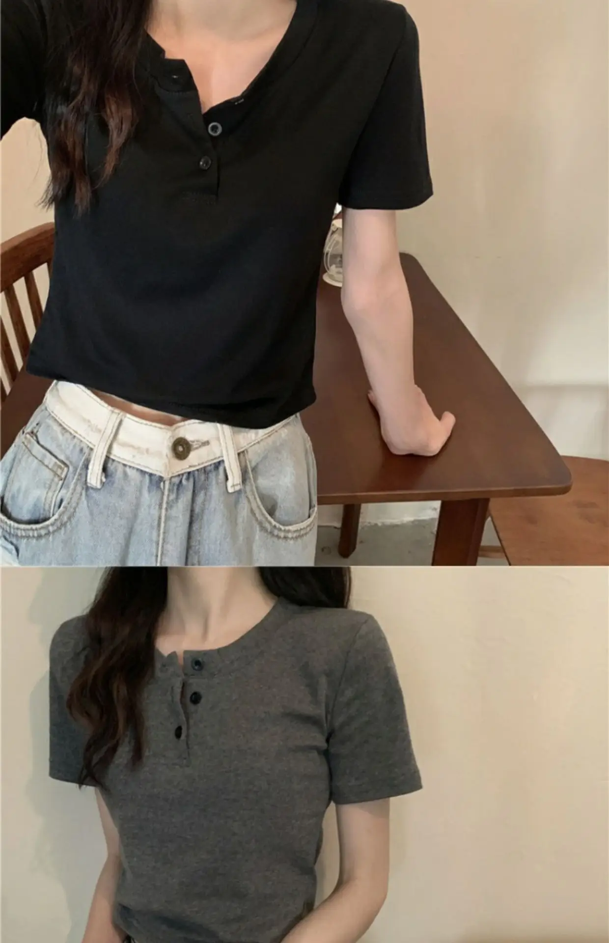Women Button Short Sleeve Cotton T-Shirt Grey — feature 20