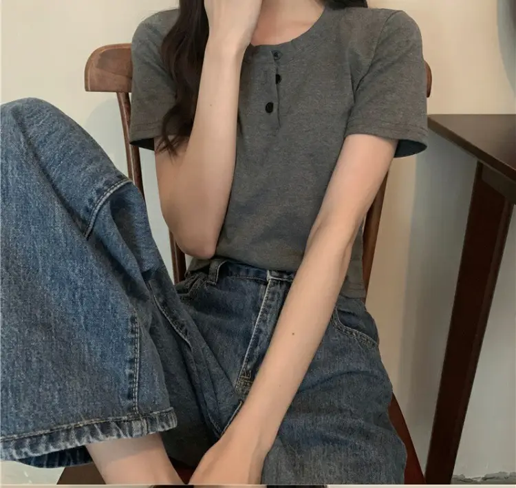 Women Button Short Sleeve Cotton T-Shirt Grey — feature 3