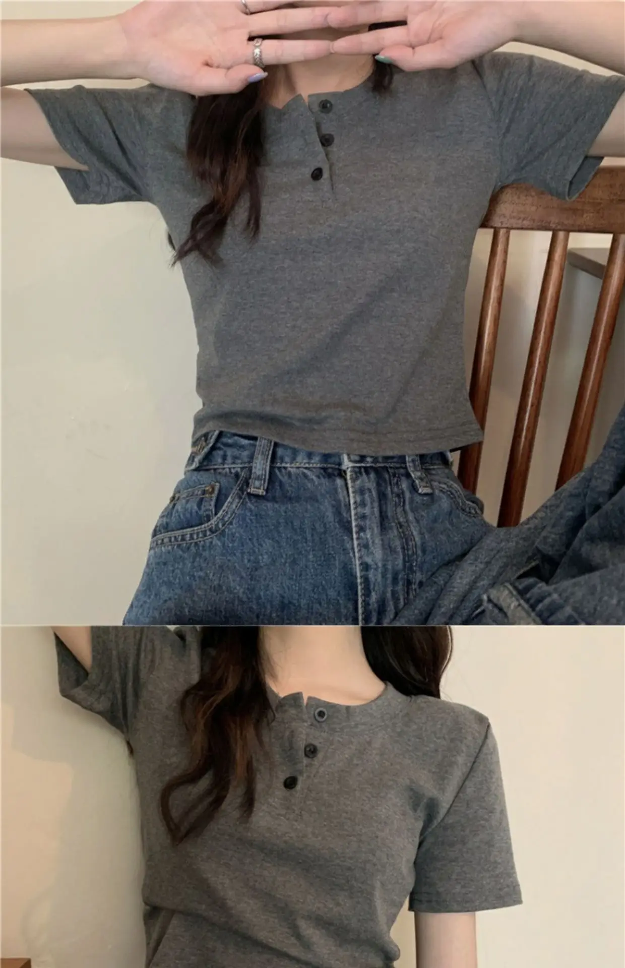 Women Button Short Sleeve Cotton T-Shirt Grey — feature 4
