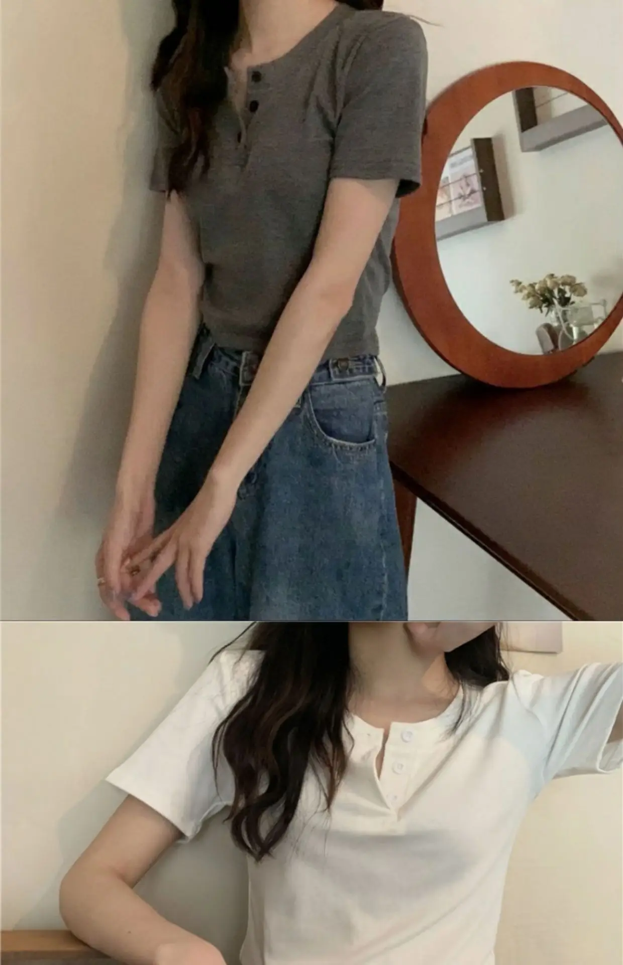 Women Button Short Sleeve Cotton T-Shirt Grey — feature 6