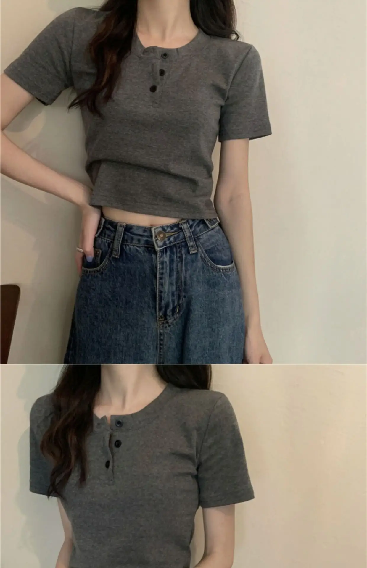 Women Button Short Sleeve Cotton T-Shirt Grey — feature 8