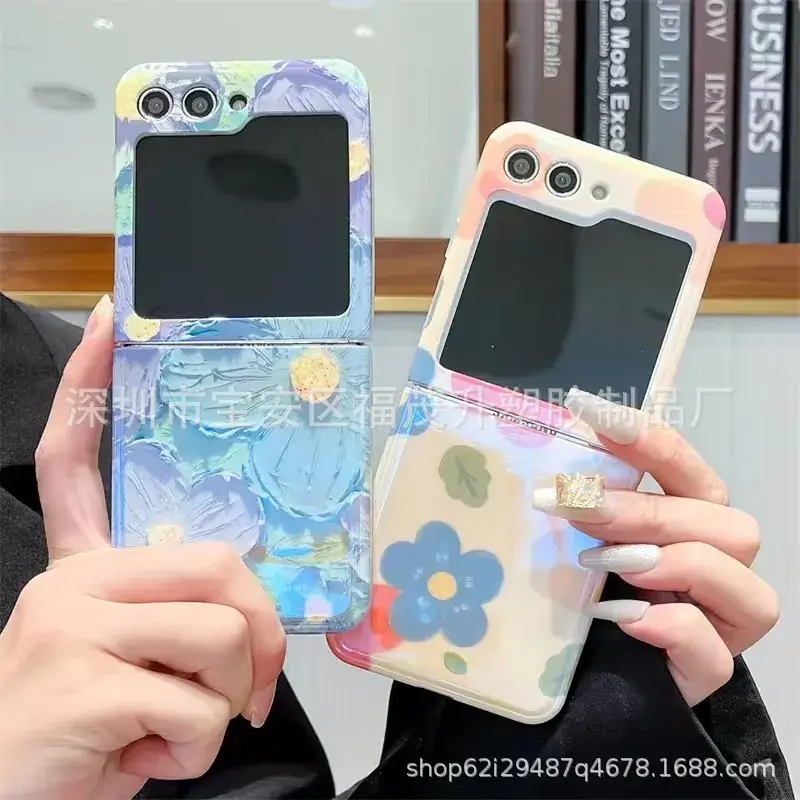 Blue Floral Flocking Phone Case for Samsung Z Flip 6/5 - Image 5