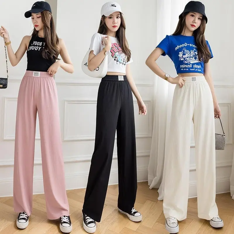 Women Wide Leg Pink Silk Pants High Waist Casual