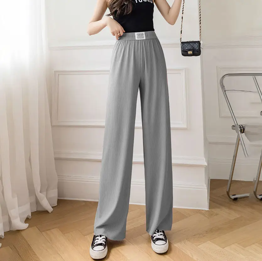 Women Wide Leg Pink Silk Pants High Waist Casual