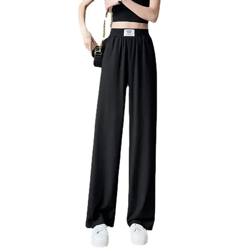 Women Wide Leg Pink Silk Pants High Waist Casual