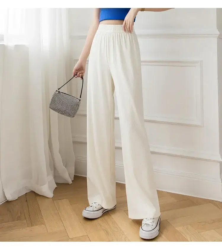 Women Wide Leg Pink Silk Pants High Waist Casual