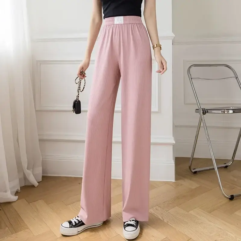 Women Wide Leg Pink Silk Pants High Waist Casual