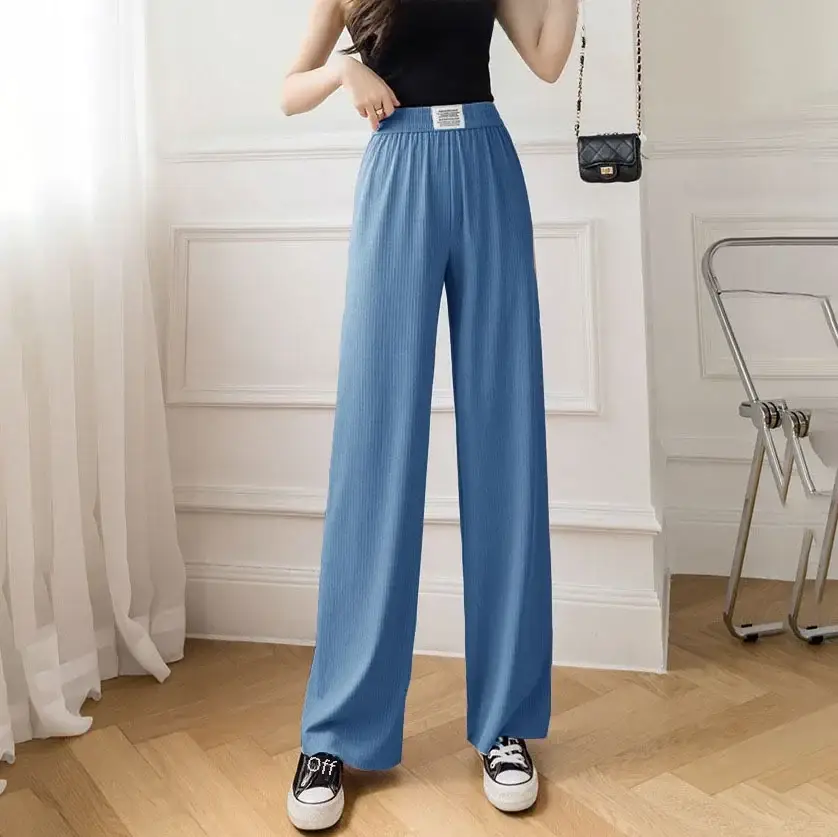 Women Wide Leg Pink Silk Pants High Waist Casual