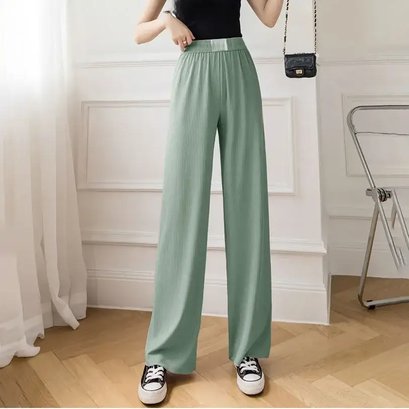 Women Wide Leg Pink Silk Pants High Waist Casual