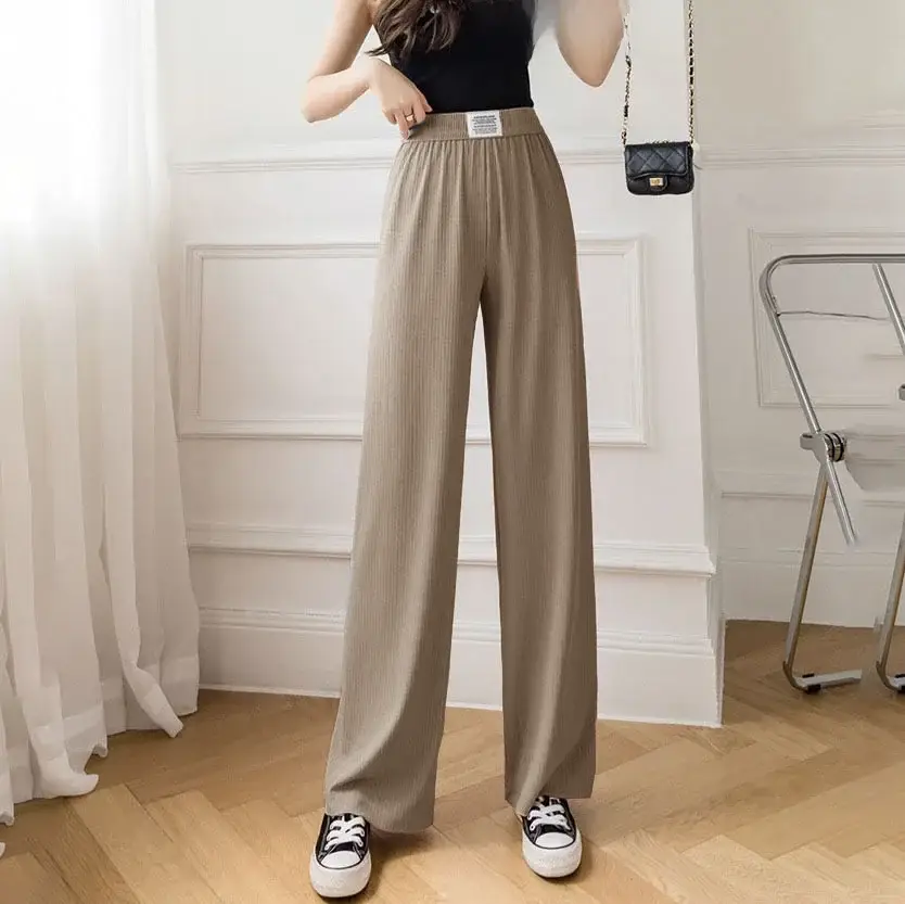 Women Wide Leg Pink Silk Pants High Waist Casual