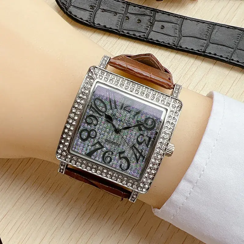 Fashion Square Watch with Full Diamond Necklace Set