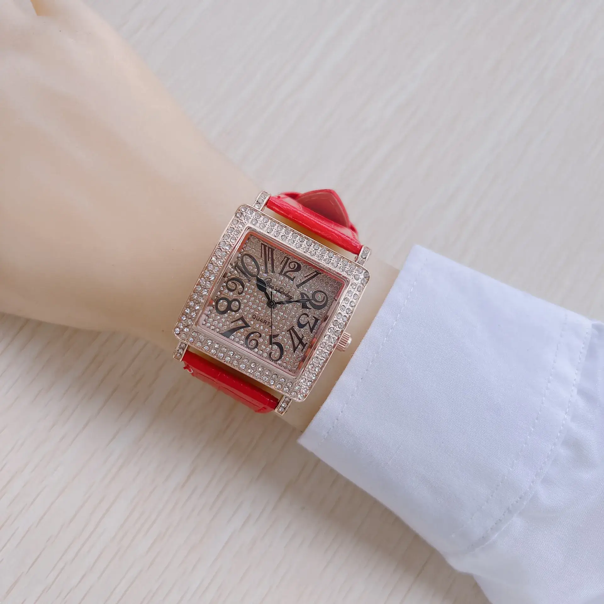 Fashion Square Watch with Full Diamond Necklace Set