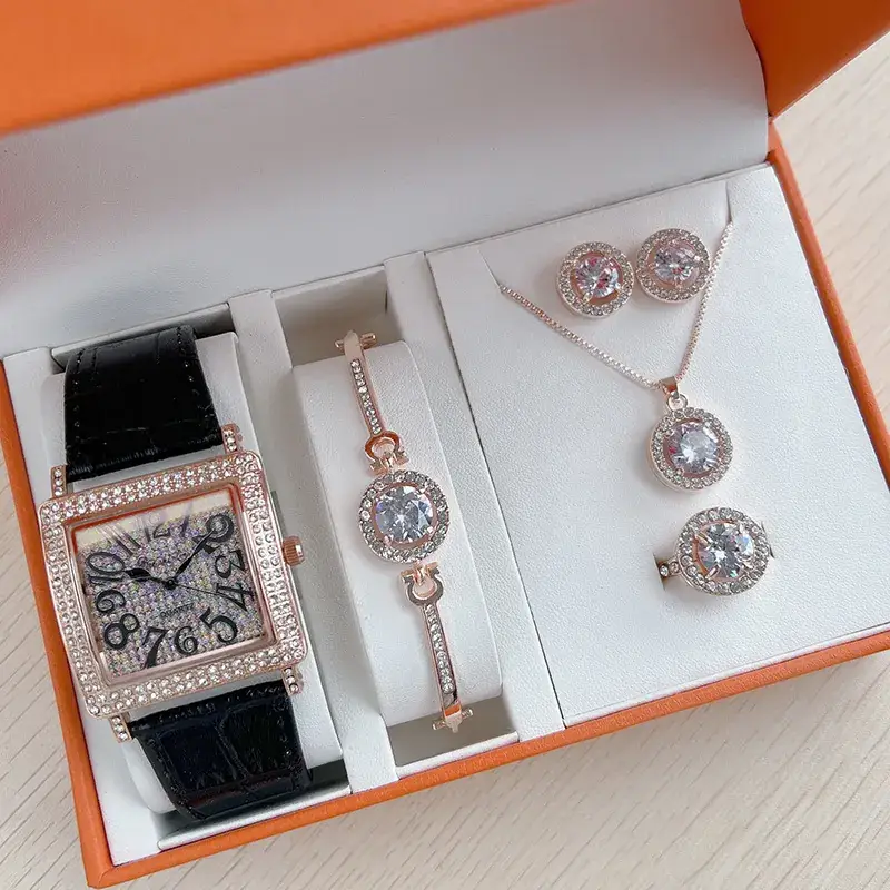 Fashion Square Watch with Full Diamond Necklace Set