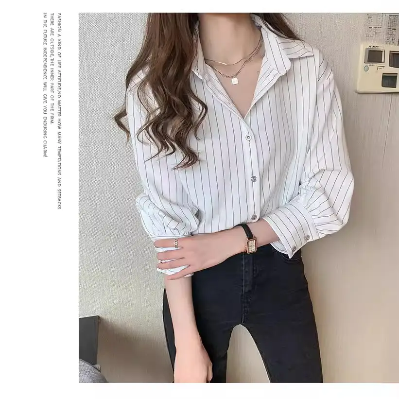 Women White Striped Layered Shirt 2025 Spring - Image 2