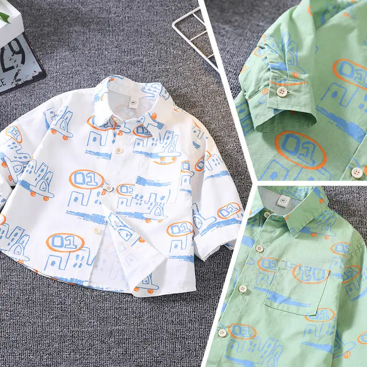 Children's Green Cartoon Shirt Spring Autumn Boys