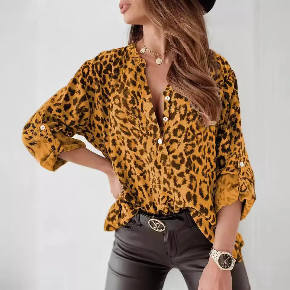 European Leopard Print Long Sleeve Women's Shirt - Image 5