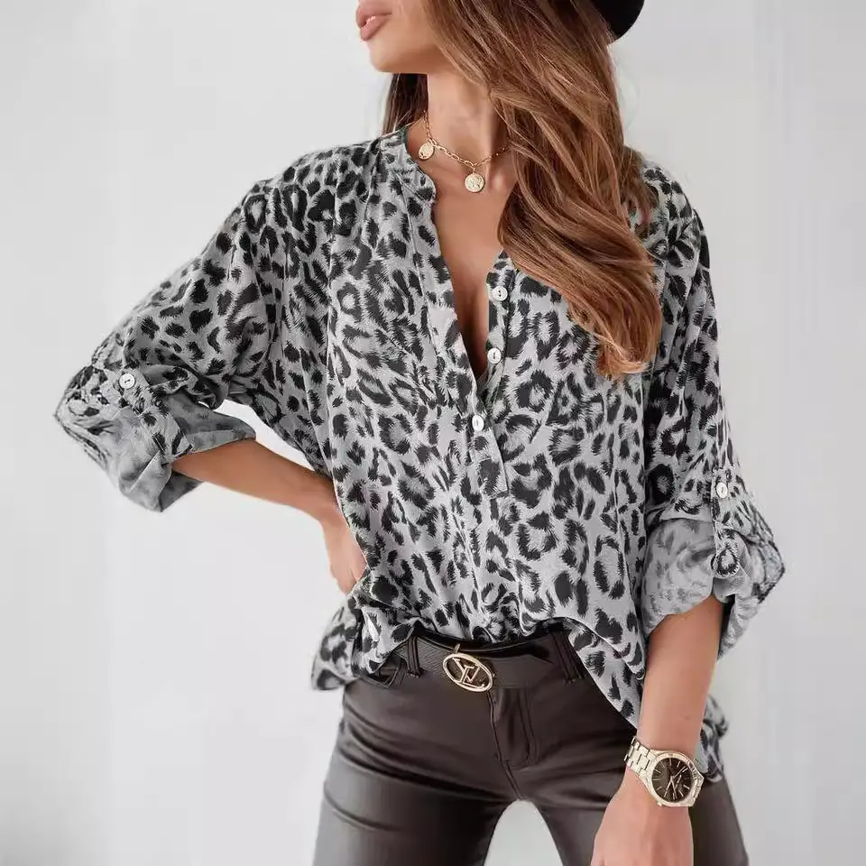 European Leopard Print Long Sleeve Women's Shirt - Image 6