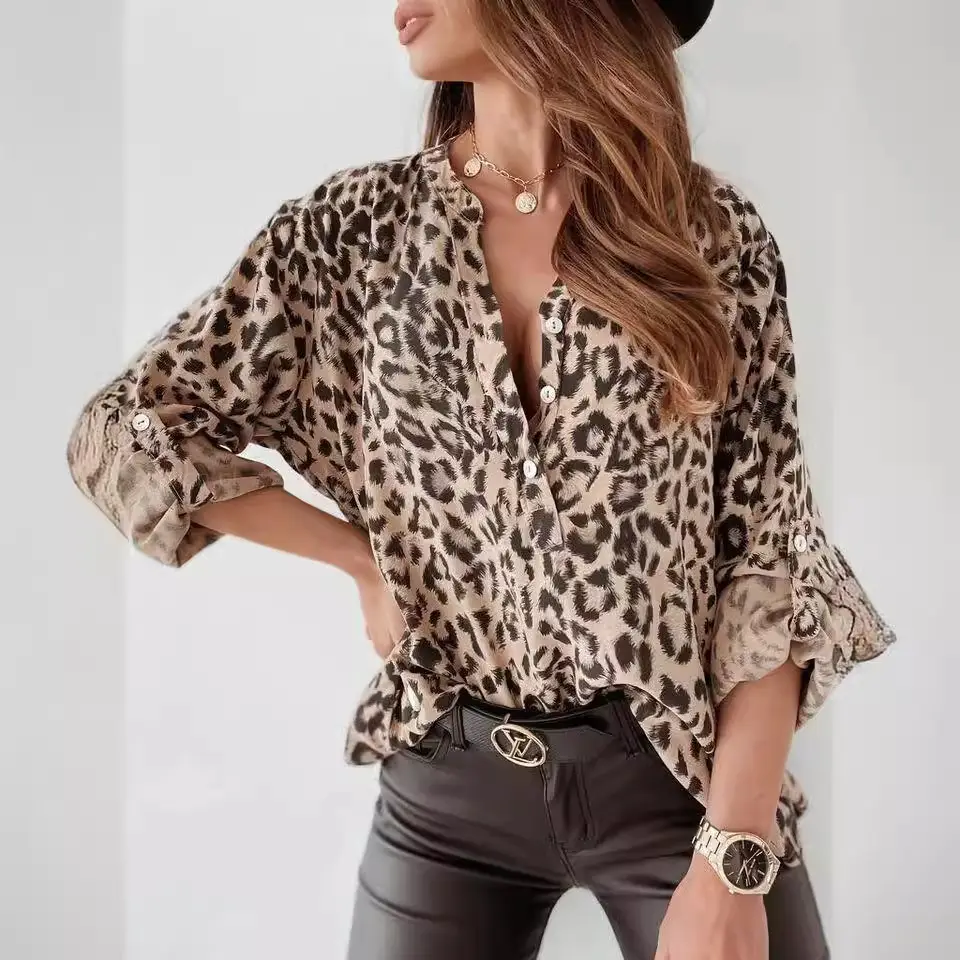 European Leopard Print Long Sleeve Women's Shirt - Image 7