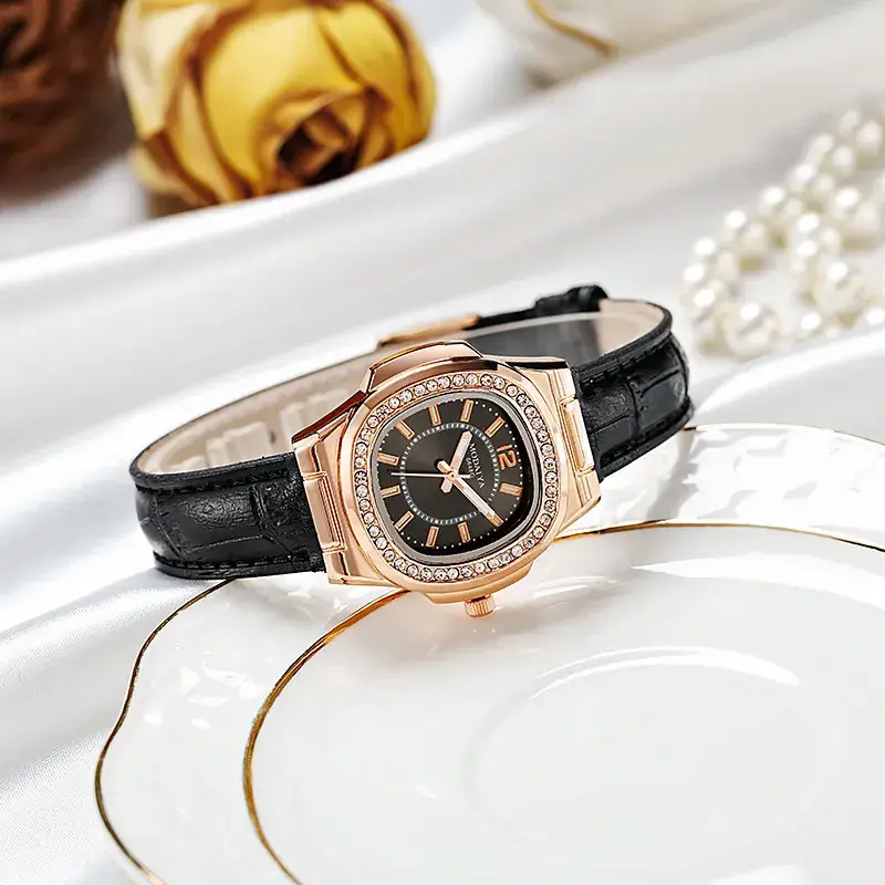2022 Women's Luxury Watch with Diamonds & Black Strap