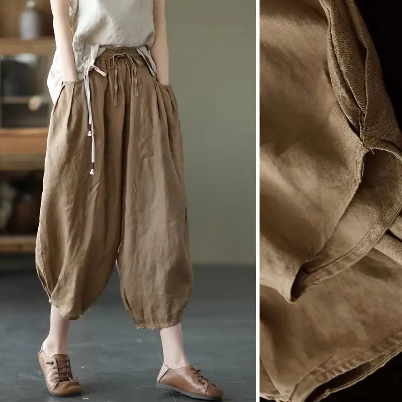 Vintage Linen Radish Pants Women Loose Fit Elastic Waist