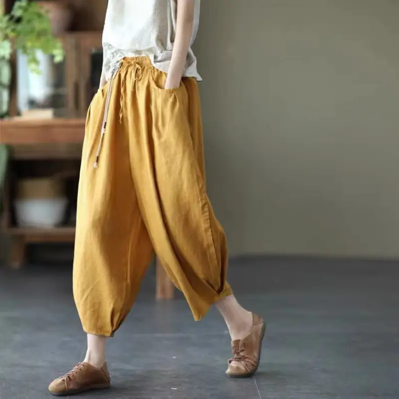 Vintage Linen Radish Pants Women Loose Fit Elastic Waist