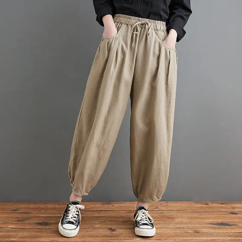 Vintage Linen Radish Pants Women Loose Fit Elastic Waist