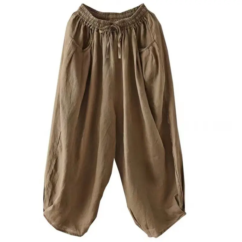 Vintage Linen Radish Pants Women Loose Fit Elastic Waist