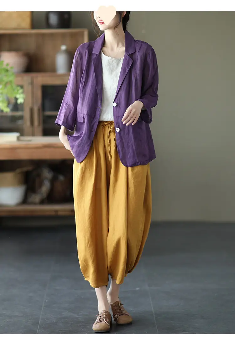 Vintage Linen Radish Pants Women Loose Fit Elastic Waist — feature 10