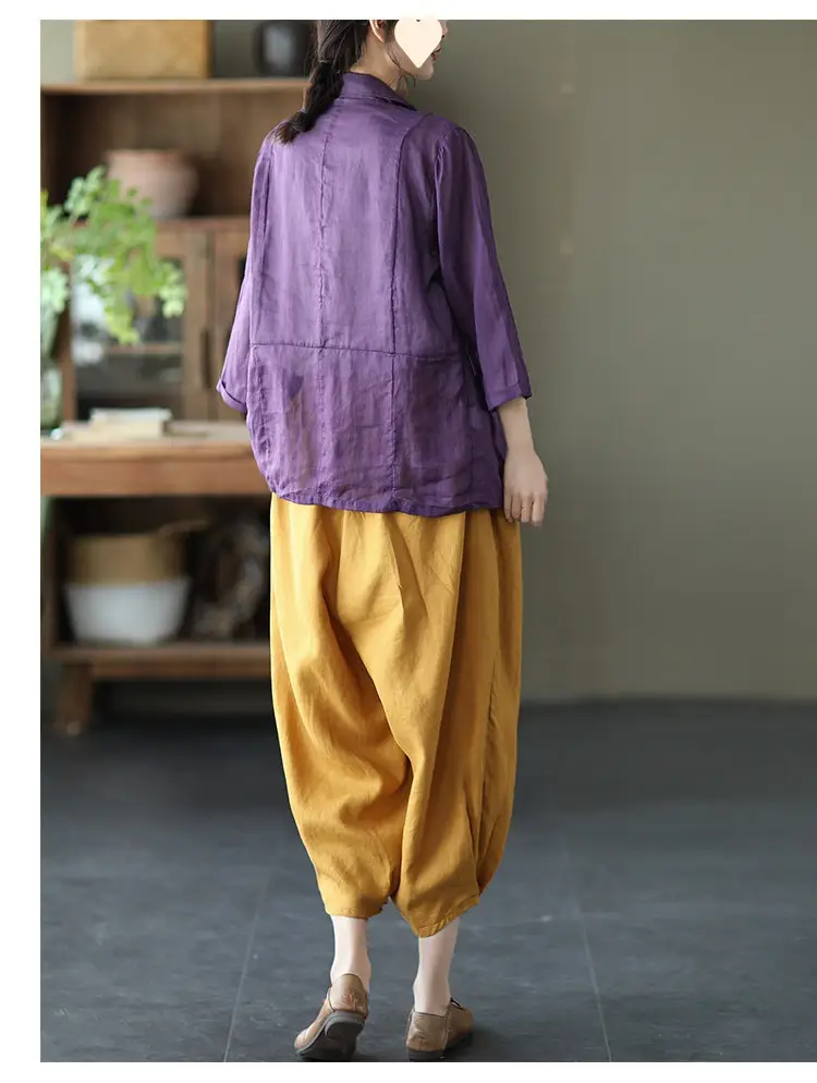 Vintage Linen Radish Pants Women Loose Fit Elastic Waist — feature 11