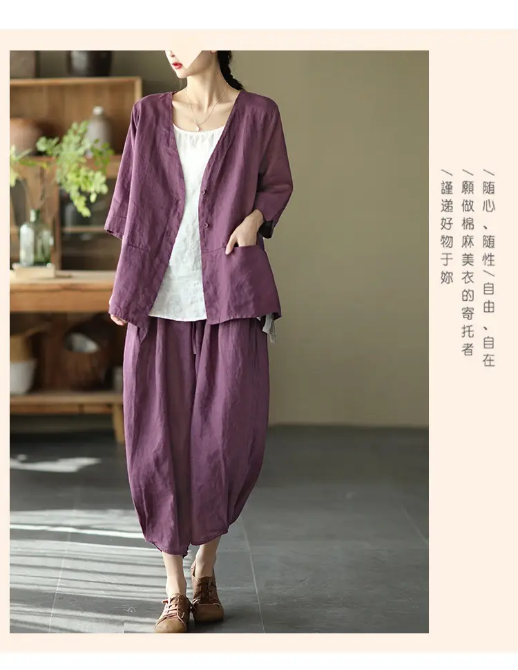 Vintage Linen Radish Pants Women Loose Fit Elastic Waist — feature 16