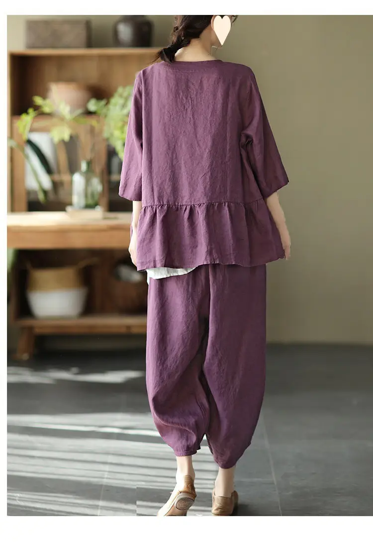 Vintage Linen Radish Pants Women Loose Fit Elastic Waist — feature 18