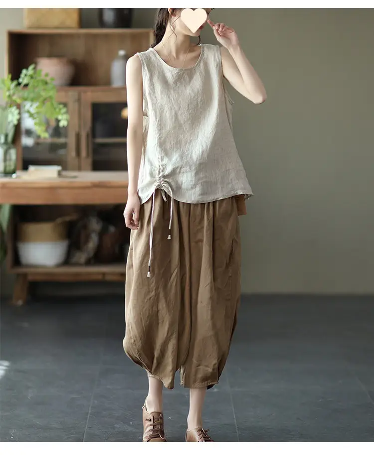 Vintage Linen Radish Pants Women Loose Fit Elastic Waist — feature 25