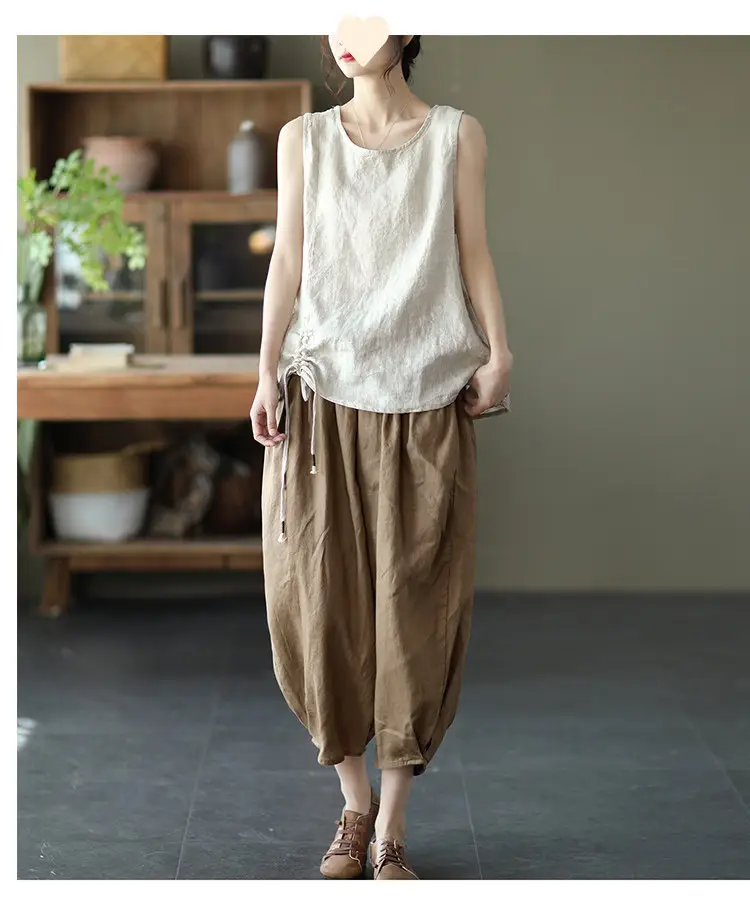 Vintage Linen Radish Pants Women Loose Fit Elastic Waist — feature 26