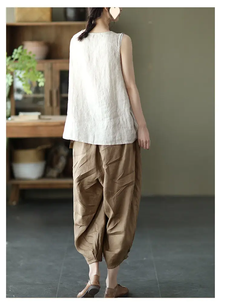 Vintage Linen Radish Pants Women Loose Fit Elastic Waist — feature 27
