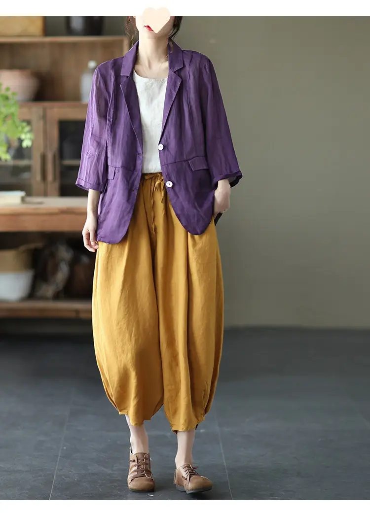Vintage Linen Radish Pants Women Loose Fit Elastic Waist — feature 9