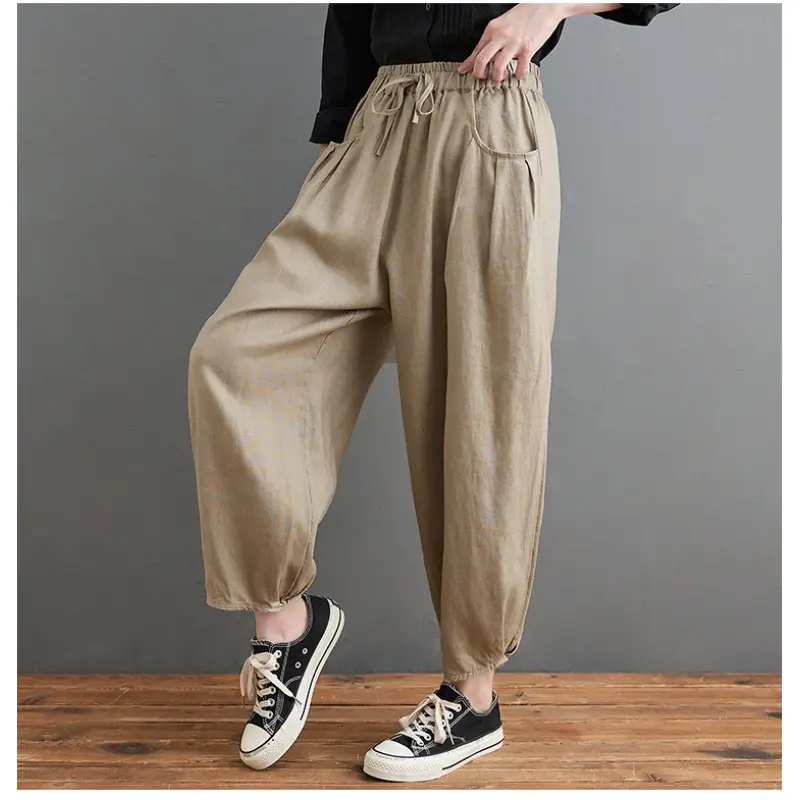 Vintage Linen Radish Pants Women Loose Fit Elastic Waist