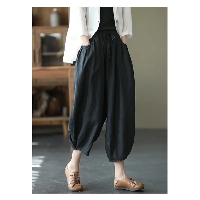 Vintage Linen Radish Pants Women Loose Fit Elastic Waist