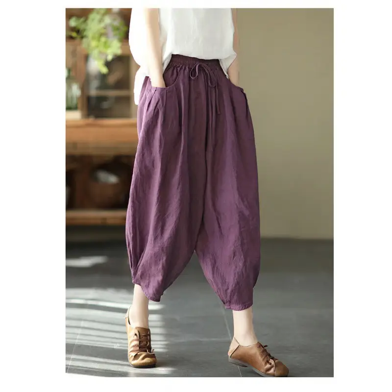 Vintage Linen Radish Pants Women Loose Fit Elastic Waist