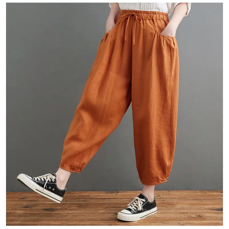 Vintage Linen Radish Pants Women Loose Fit Elastic Waist