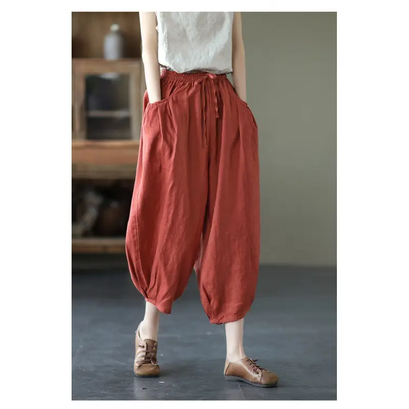 Vintage Linen Radish Pants Women Loose Fit Elastic Waist