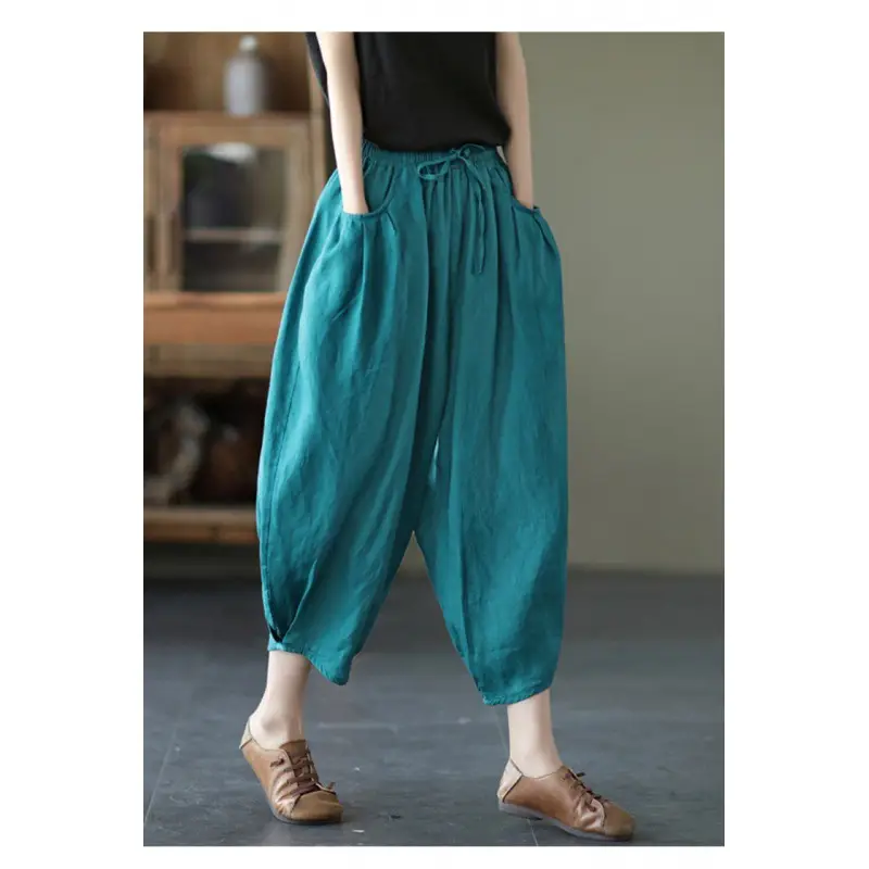 Vintage Linen Radish Pants Women Loose Fit Elastic Waist