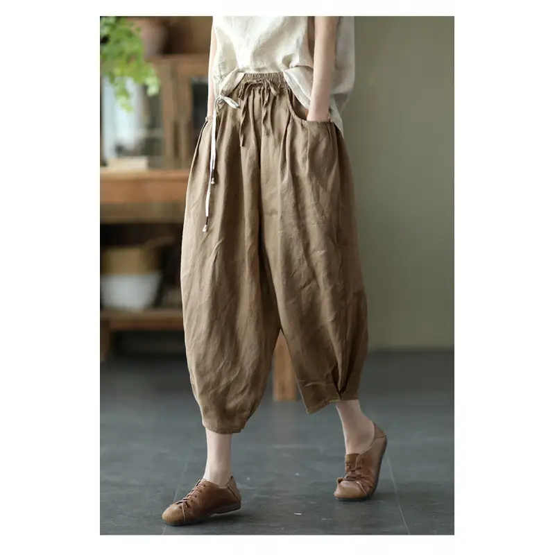 Vintage Linen Radish Pants Women Loose Fit Elastic Waist