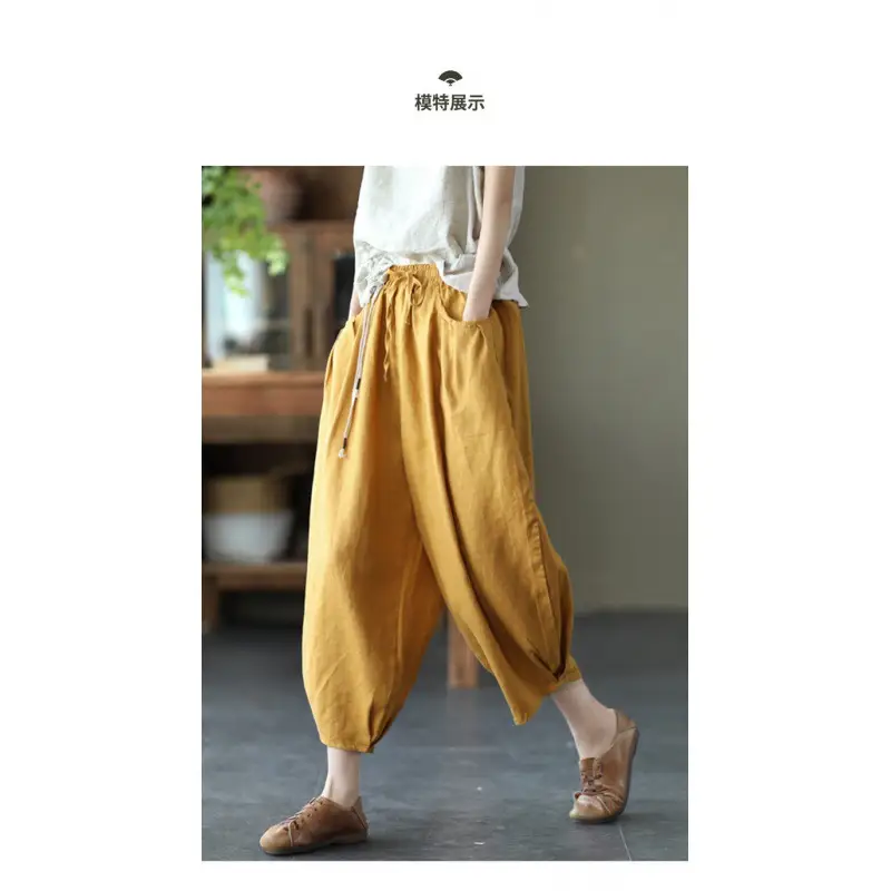 Vintage Linen Radish Pants Women Loose Fit Elastic Waist