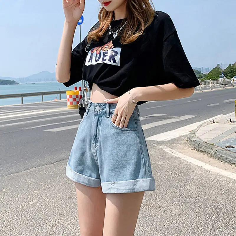 Women High Waist Denim Shorts Blue 2022 — feature 28