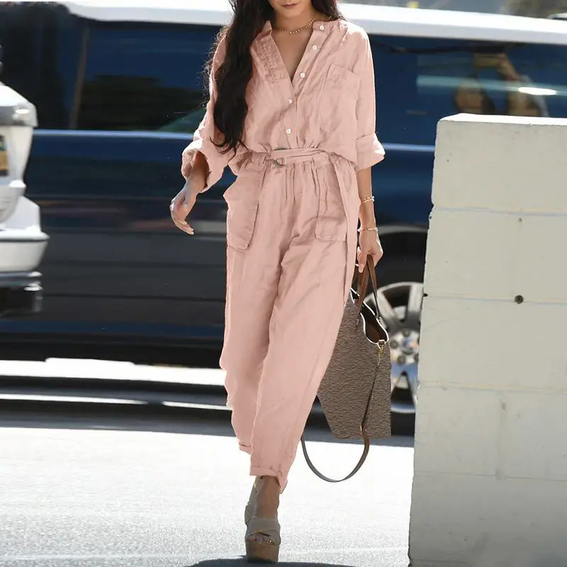 Women's Printed Lapel Belt Workwear Jumpsuit Set - Image 3