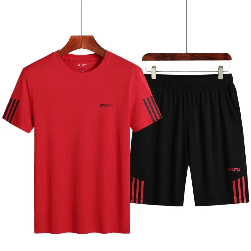 Men Red 2-Piece Sports Suit Shorts T-Shirt Quick Dry