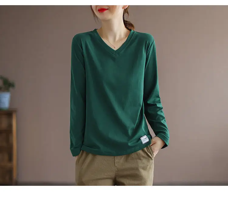 2022 V Neck Long Sleeve Shirt Women Loose Fit — feature 2
