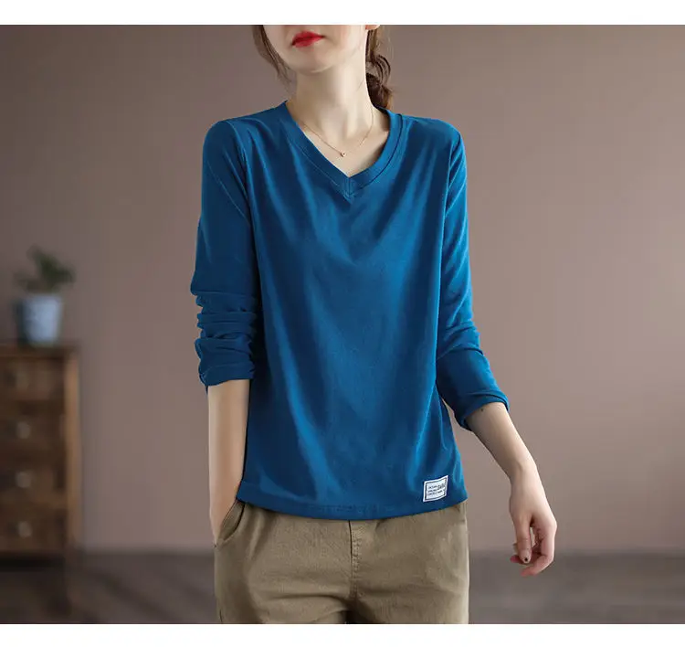 2022 V Neck Long Sleeve Shirt Women Loose Fit — feature 4