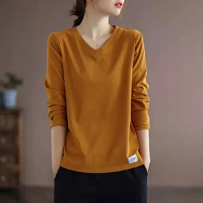 2022 V Neck Long Sleeve Shirt Women Loose Fit - Image 3